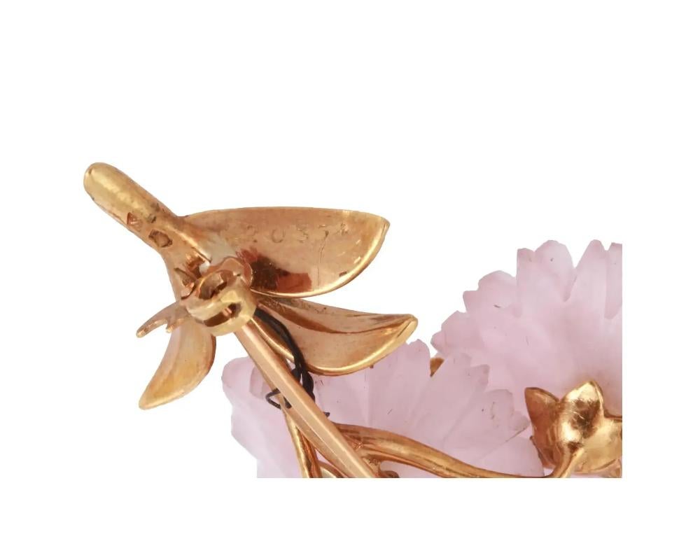 A French 18K Gold, Rock Crystal and Rose Quartz Flower Pin Brooch For Sale 2