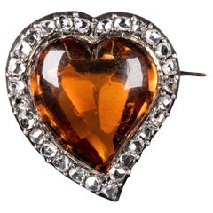 A French 18K Gold & Silver Heart Brooch  Citrine & Rose-Cut Diamonds