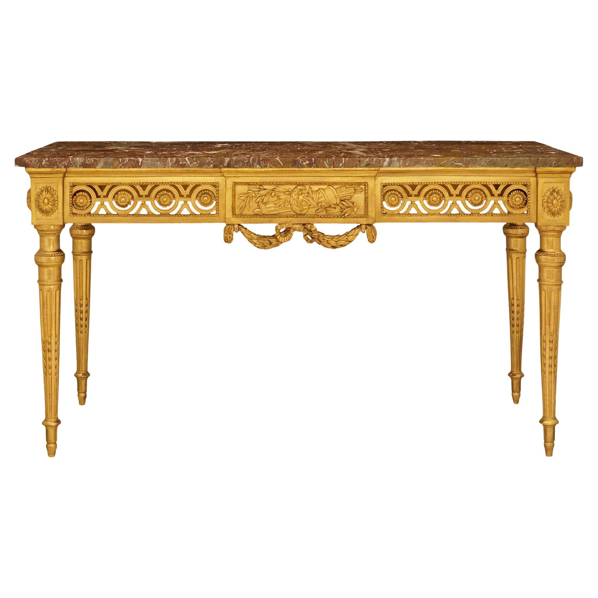 A French 18th century Louis XVI Period Giltwood and Sagario Marble console For Sale