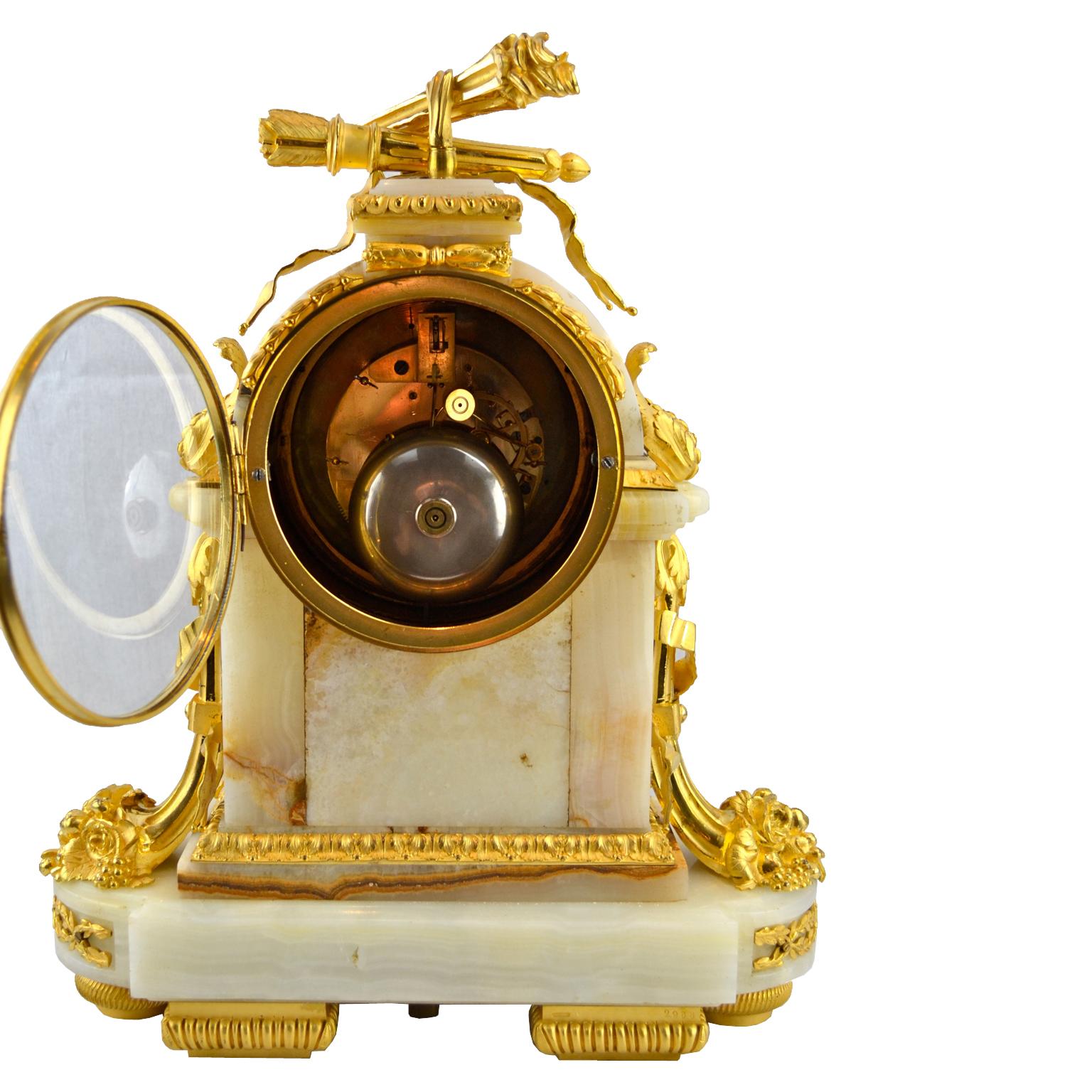Hand-Carved French 19 Century Louis XVI-Style Ormolu and Onyx Clock by Raingo Freres