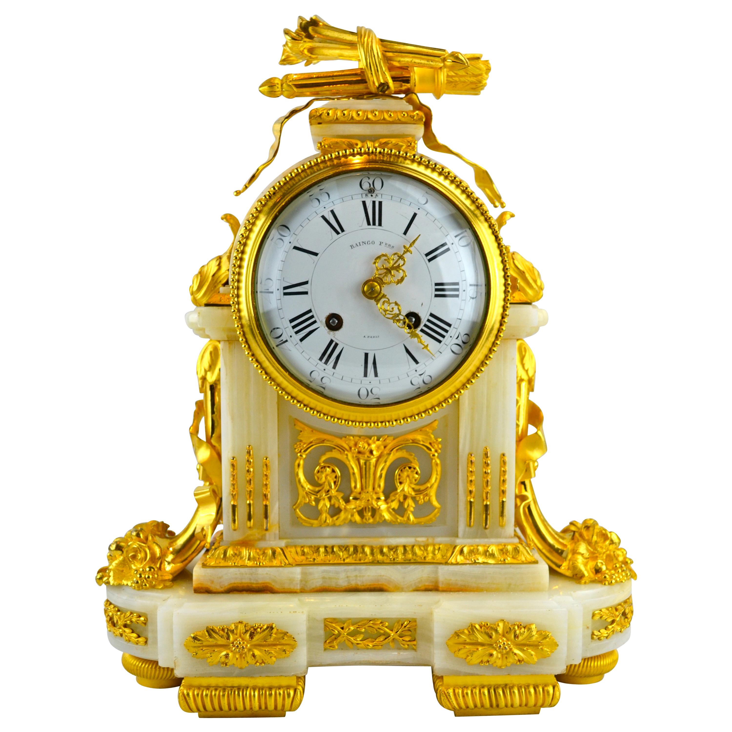 French 19 Century Louis XVI-Style Ormolu and Onyx Clock by Raingo Freres