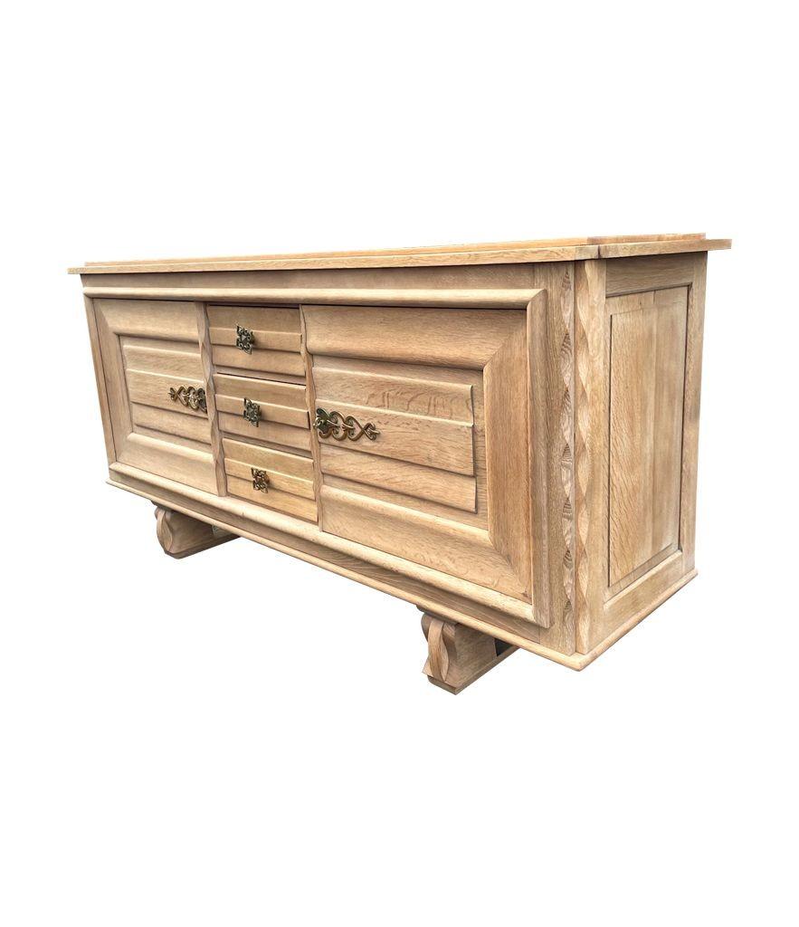 Brass French 1940s Bleached Oak Sideboard in the Style of Gaston Poisson For Sale