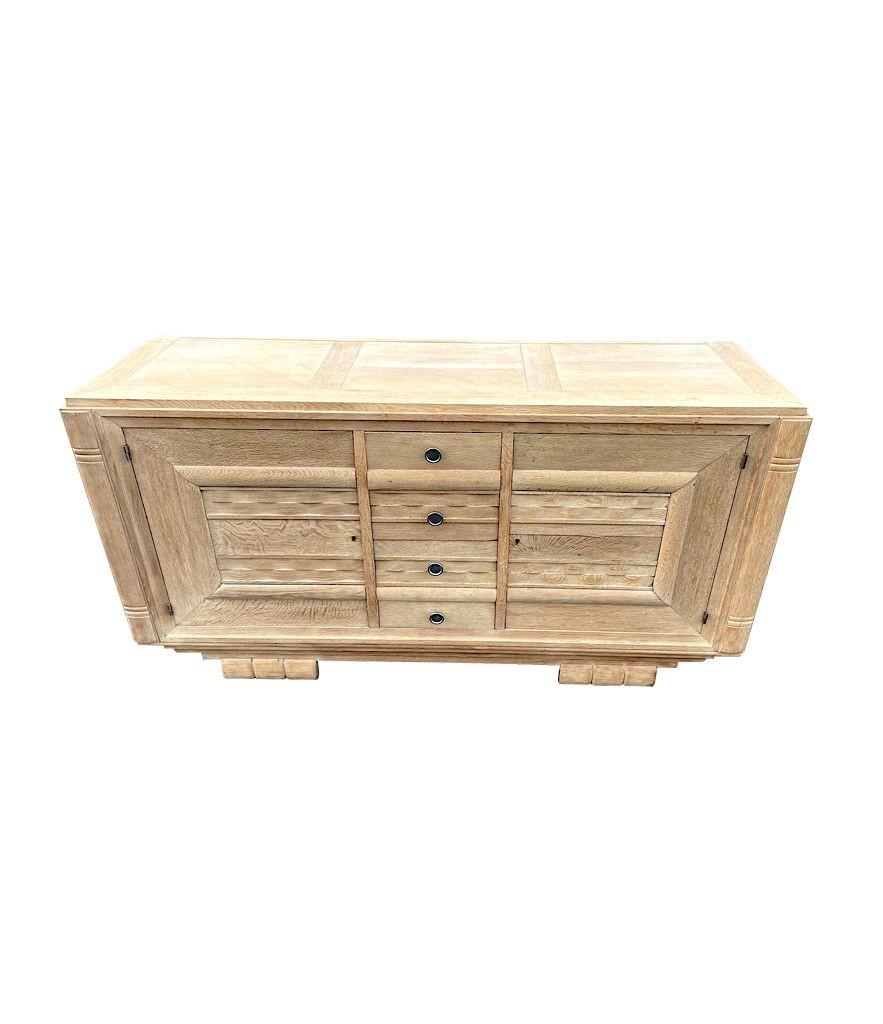 Brass French 1940s Bleached Oak Sideboard with Two Doors and Four Central Drawers For Sale