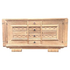 French 1940s Bleached Oak Sideboard with Two Doors and Four Central Drawers
