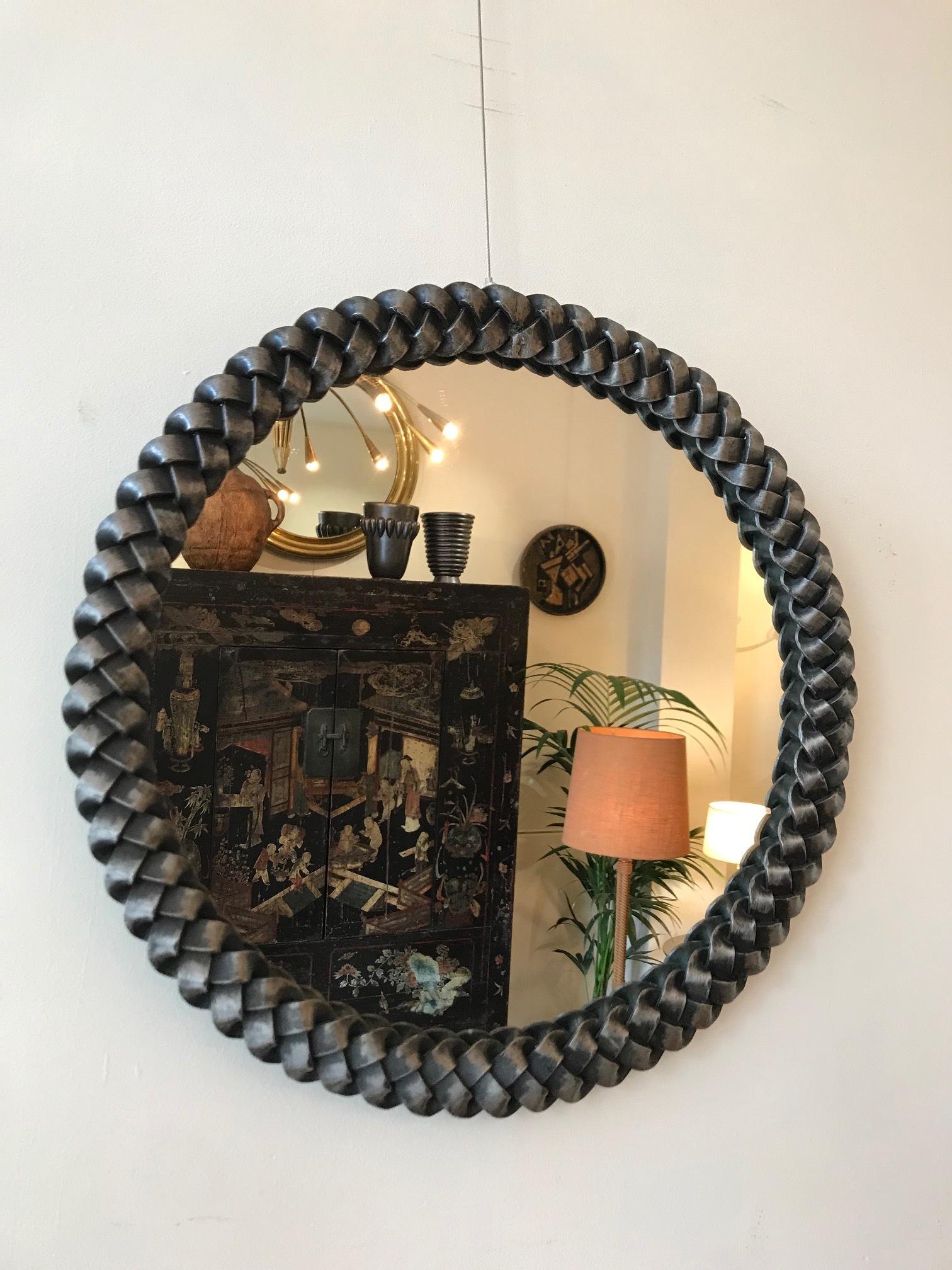 Art Deco French 1940s Circular Braided Wrought Iron Mirror