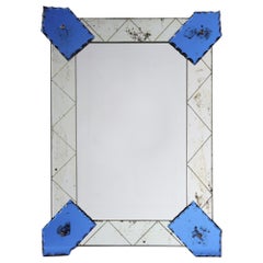 A French 1940s Mirror with Glass Borders and Blue Serrated Corners