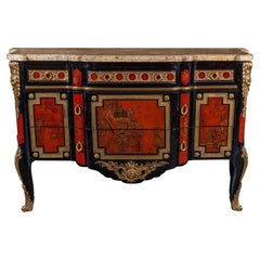 Vintage A French 1940s Transitional Style Red & Black Chinoiserie Commode