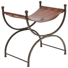 French 1940s Wrought Iron and Cognac Leather Curule Stool