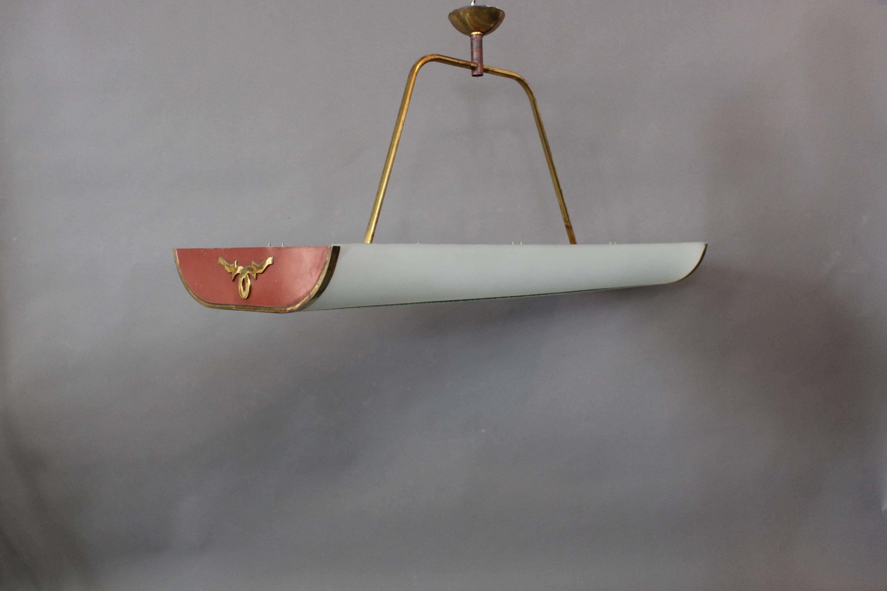 Mid-Century Modern French 1950s Red Lacquered, Brass and Glass Chandelier For Sale