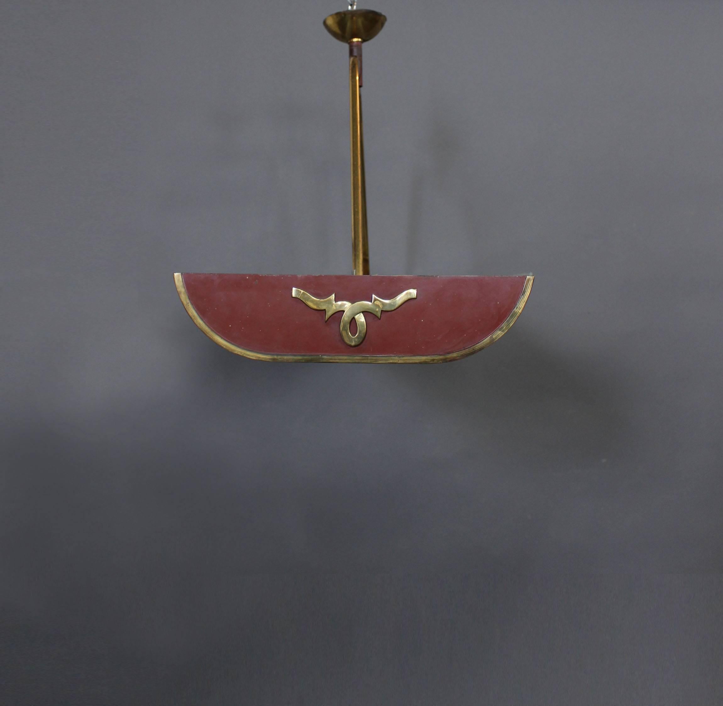 Metal French 1950s Red Lacquered, Brass and Glass Chandelier For Sale