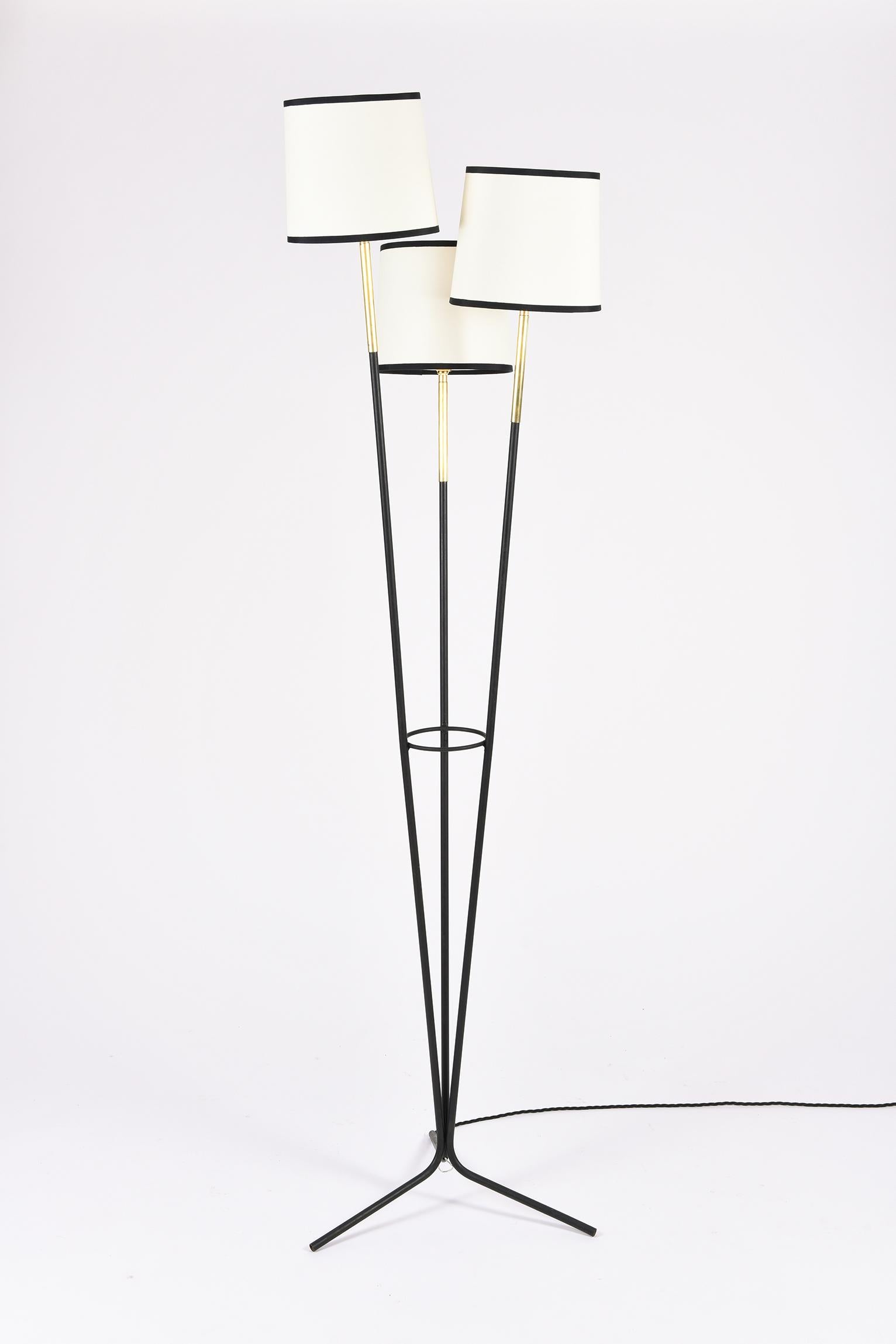 Mid-Century Modern French 1950s Triple Light Black and Brass Floor Lamp