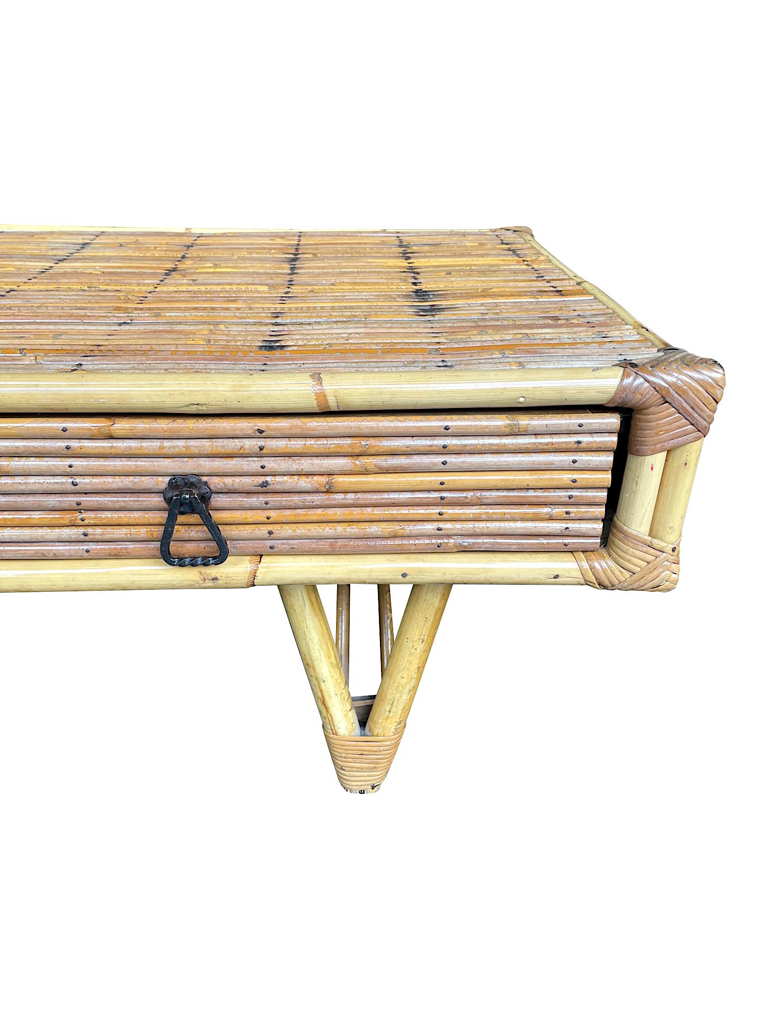 French 1960s Bamboo and Rattan Coffee Table with Two Drawers For Sale 4
