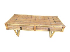 French 1960s Bamboo and Rattan Coffee Table with Two Drawers