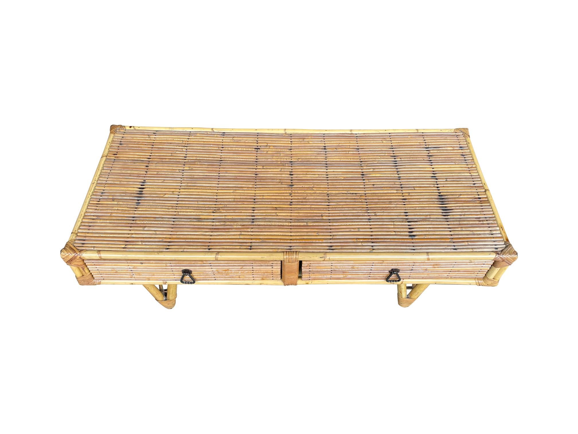 Mid-Century Modern French 1960s Bamboo and Rattan Coffee Table with Two Drawers For Sale