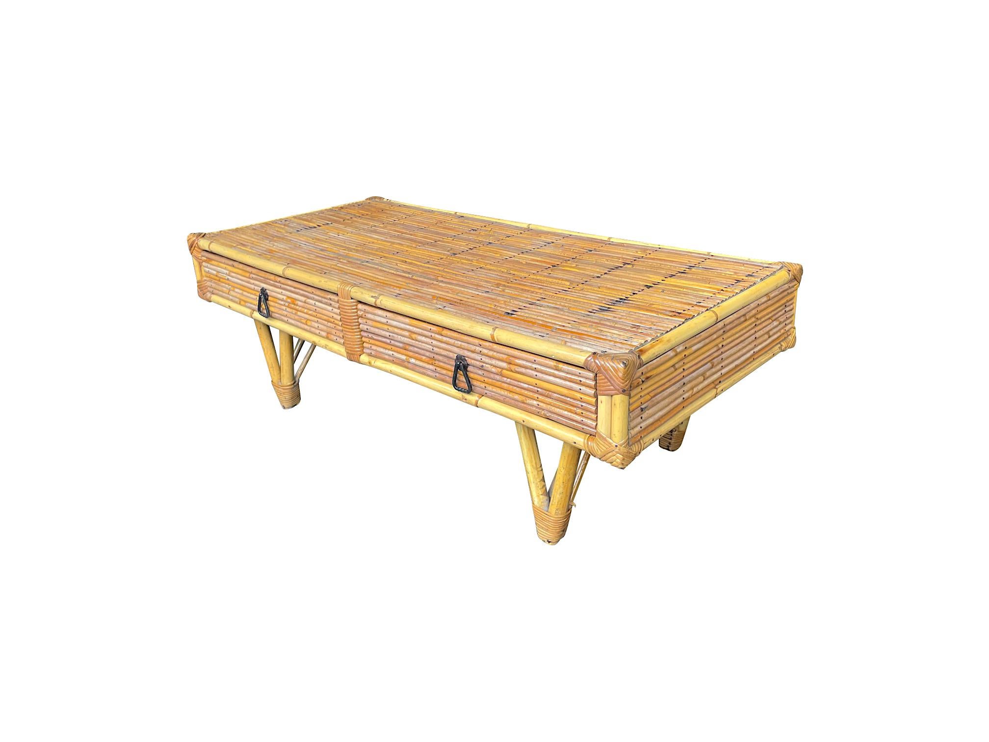 French 1960s Bamboo and Rattan Coffee Table with Two Drawers In Good Condition For Sale In London, GB