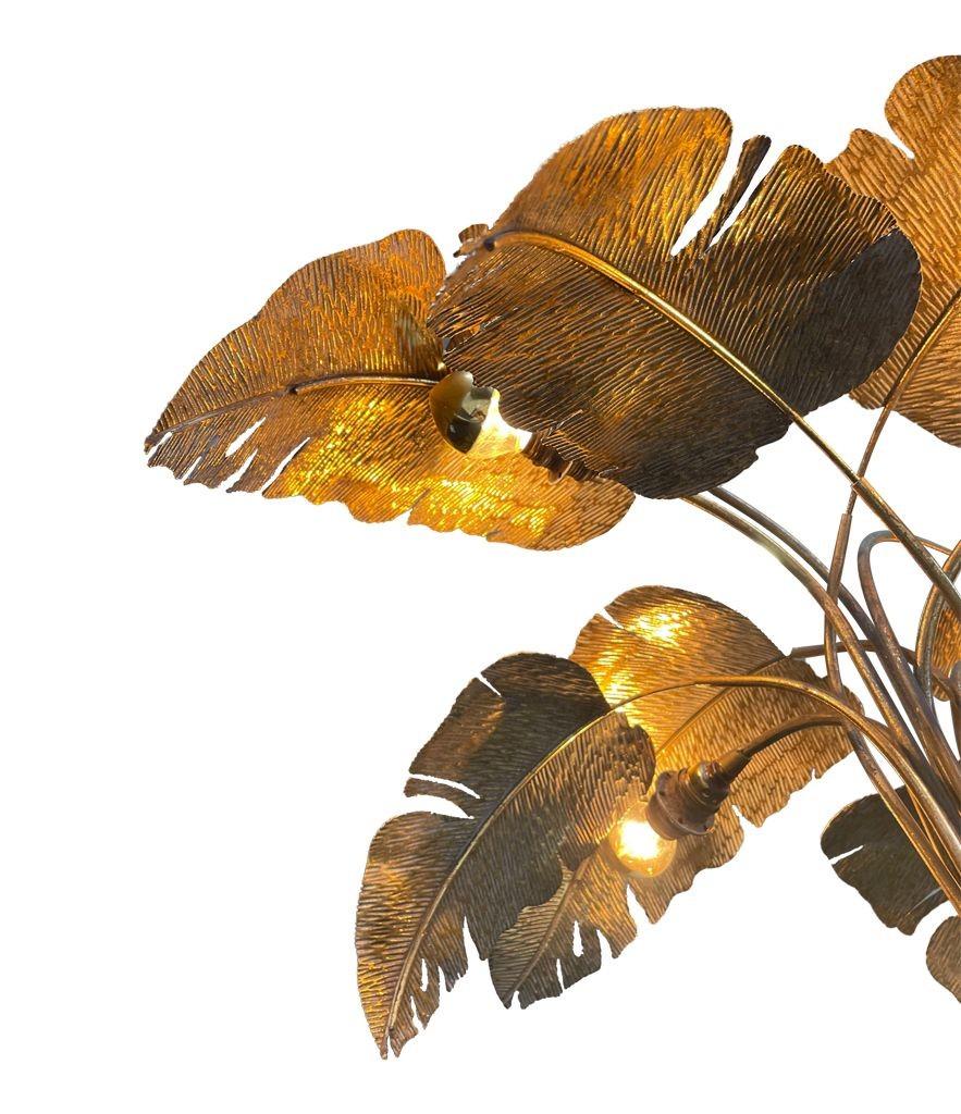 Mid-Century Modern French 1960s Gilt Metal Palm Tree Floor Lamp with Realistic Palm Leaves