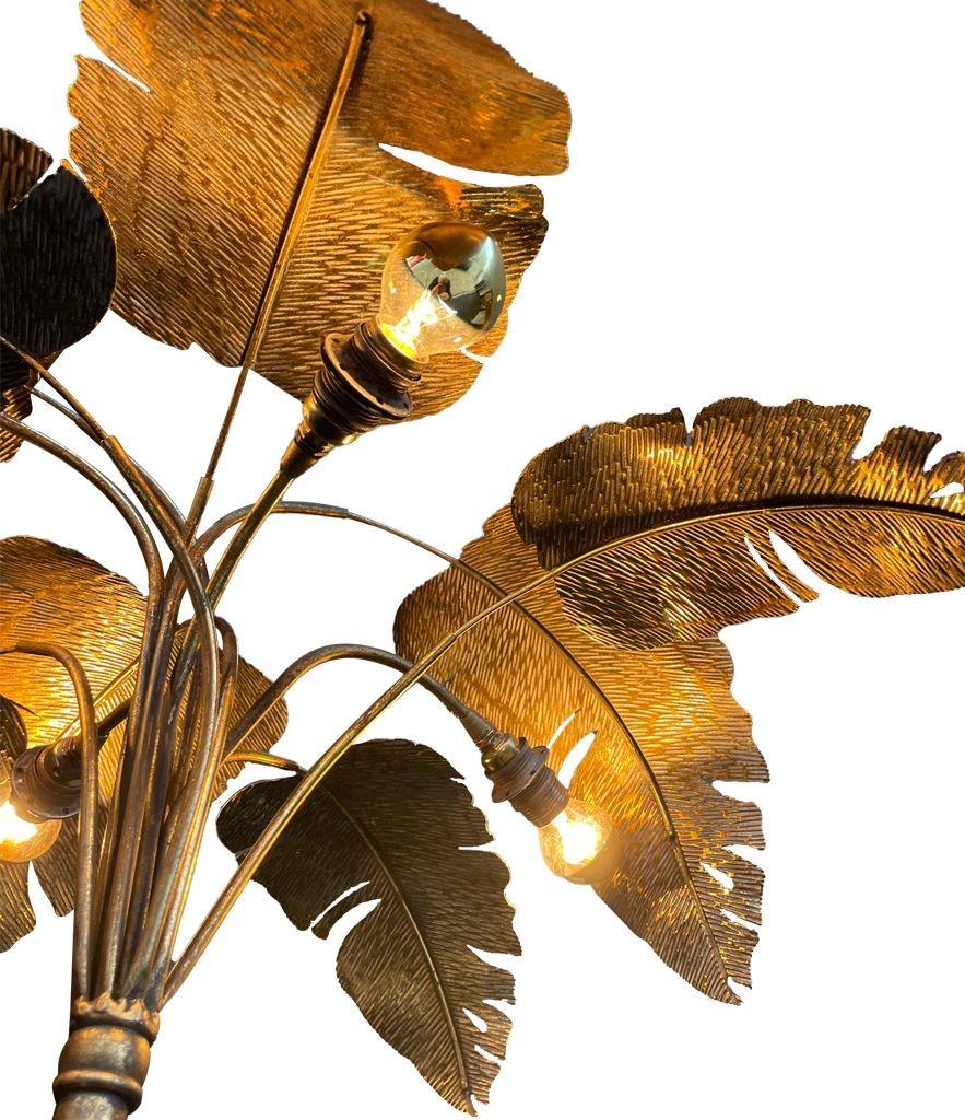 Late 20th Century French 1960s Gilt Metal Palm Tree Floor Lamp with Realistic Palm Leaves