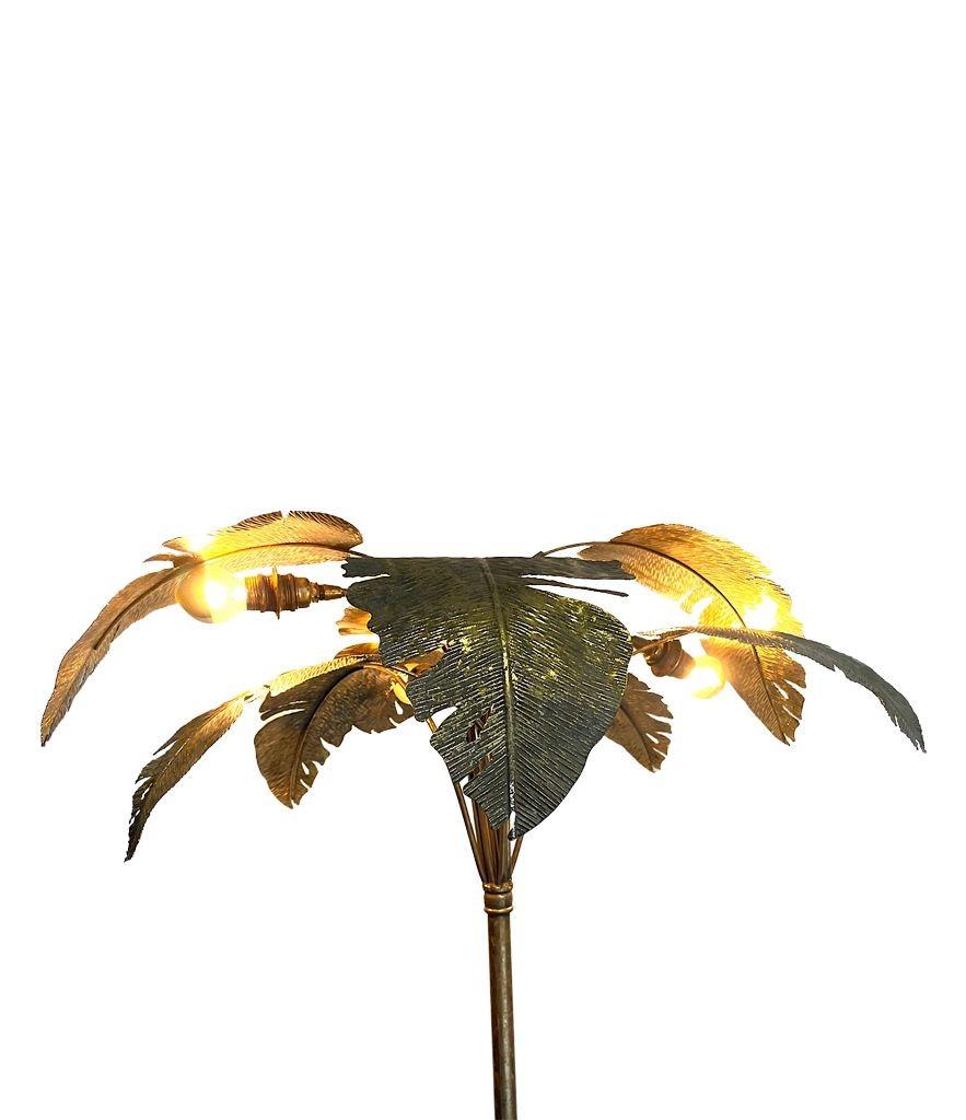 French 1960s Gilt Metal Palm Tree Floor Lamp with Realistic Palm Leaves 1