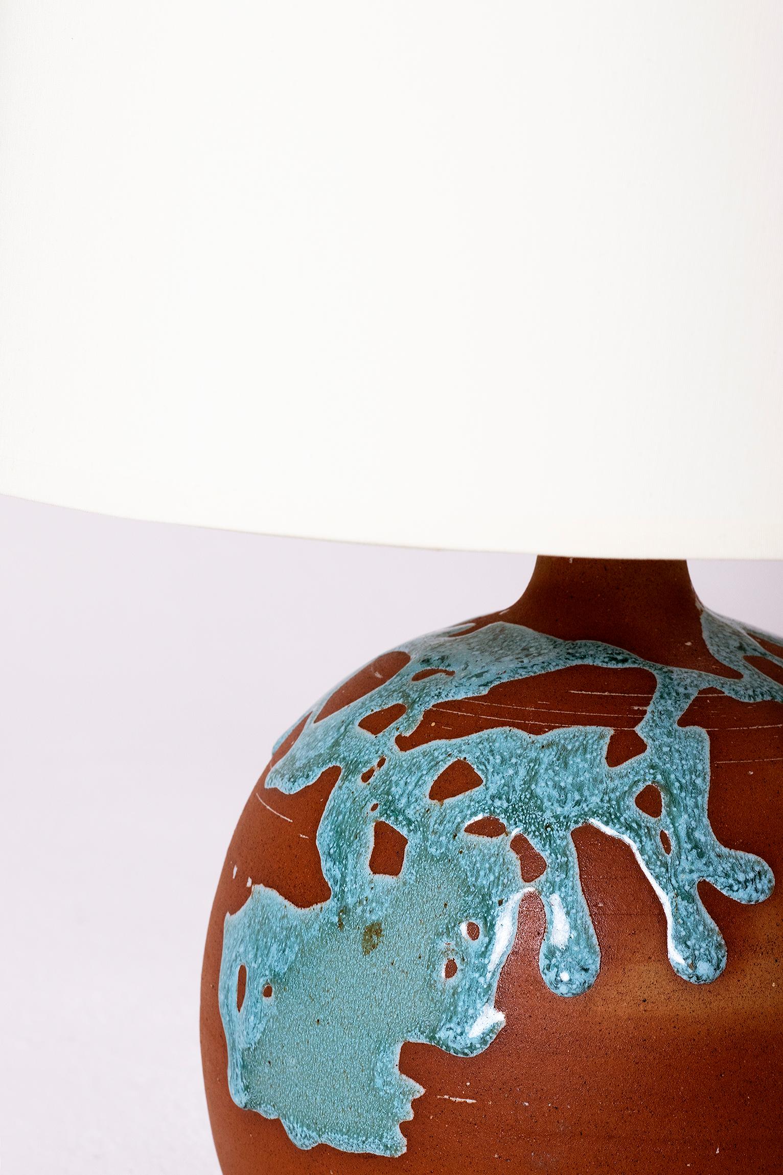 European French 1960s Terracotta and Turquoise Glaze Table Lamp