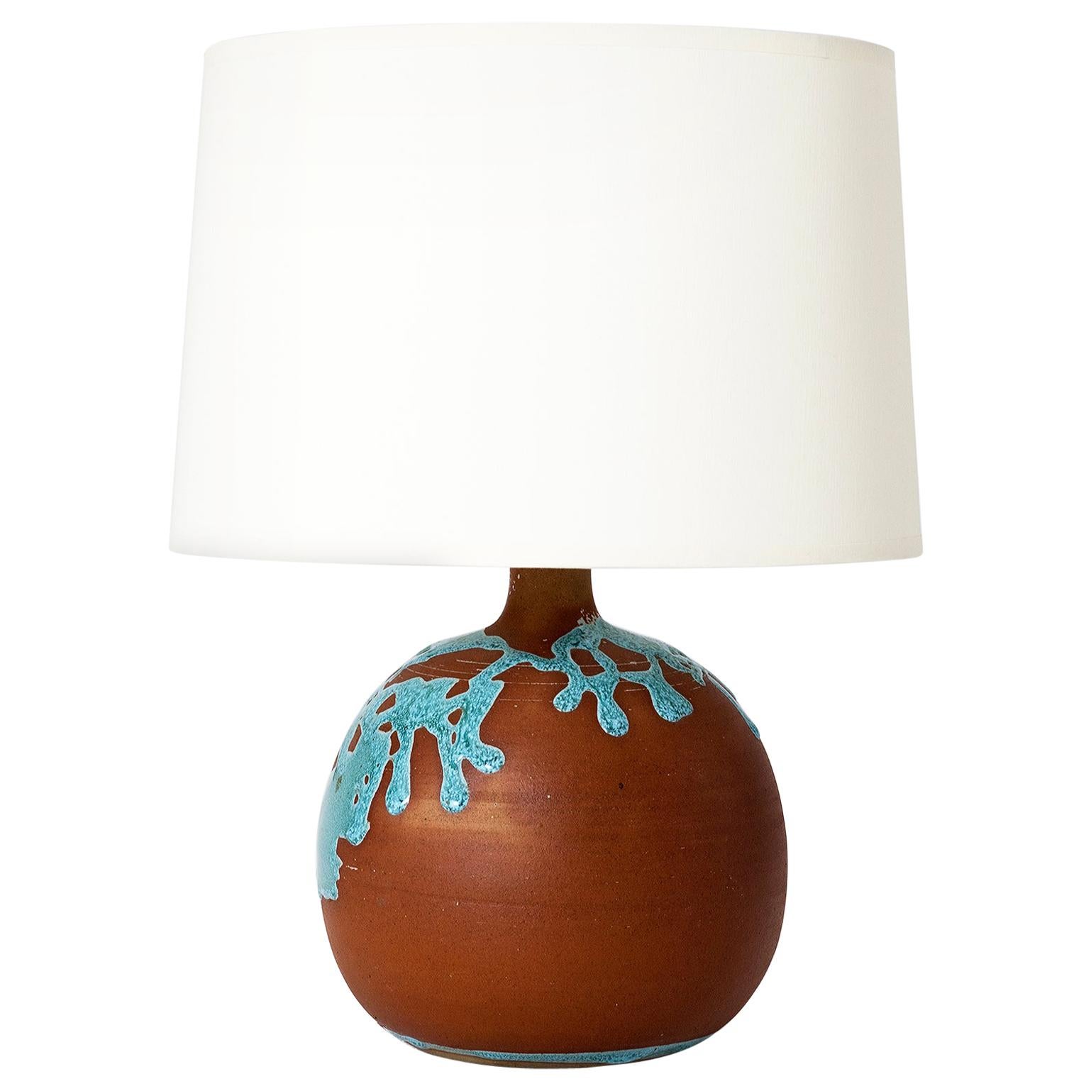 French 1960s Terracotta and Turquoise Glaze Table Lamp