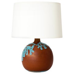 French 1960s Terracotta and Turquoise Glaze Table Lamp