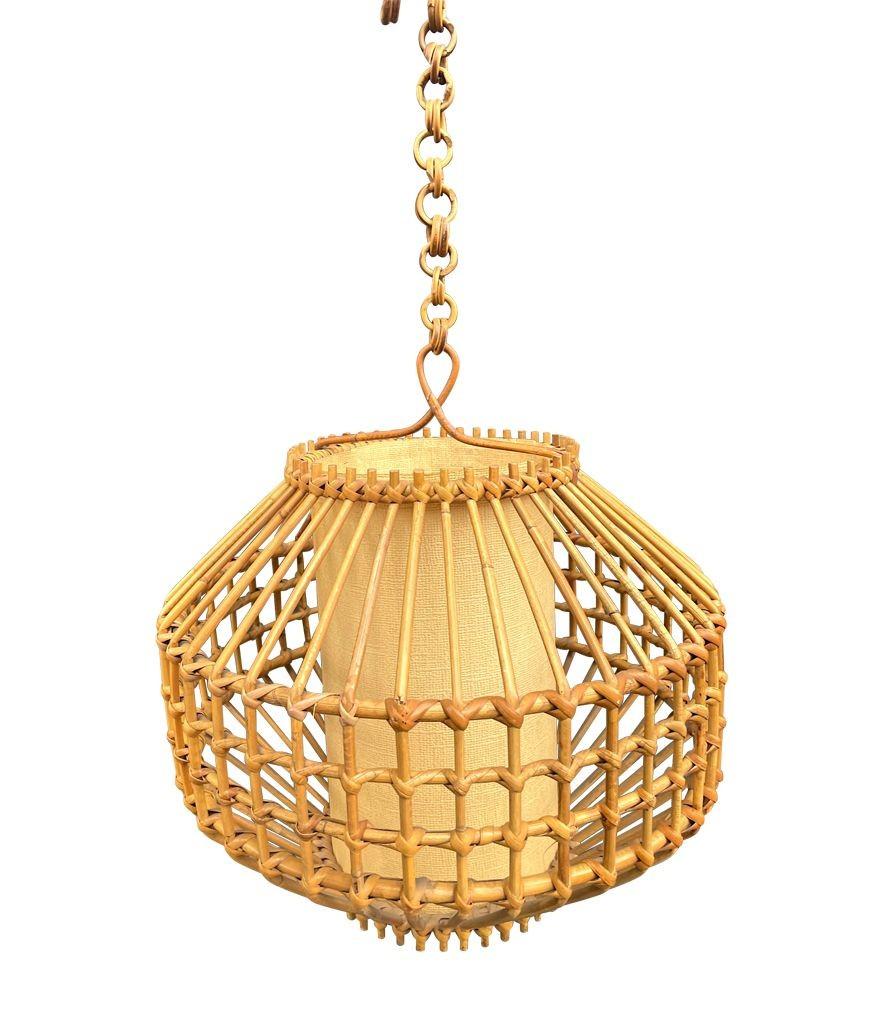 A French 1960s woven bamboo and parchment hanging light by Louis Sognot For Sale 4