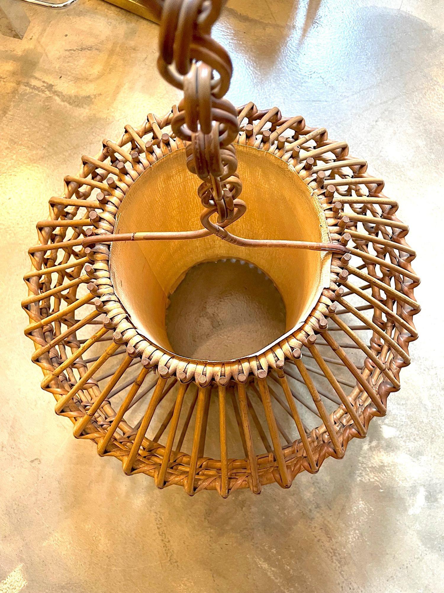 A French 1960s woven bamboo and parchment hanging light by Louis Sognot For Sale 5