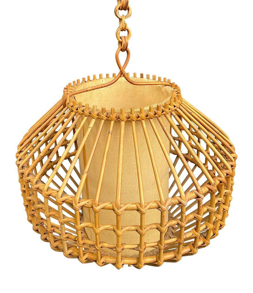 Mid-20th Century A French 1960s woven bamboo and parchment hanging light by Louis Sognot For Sale