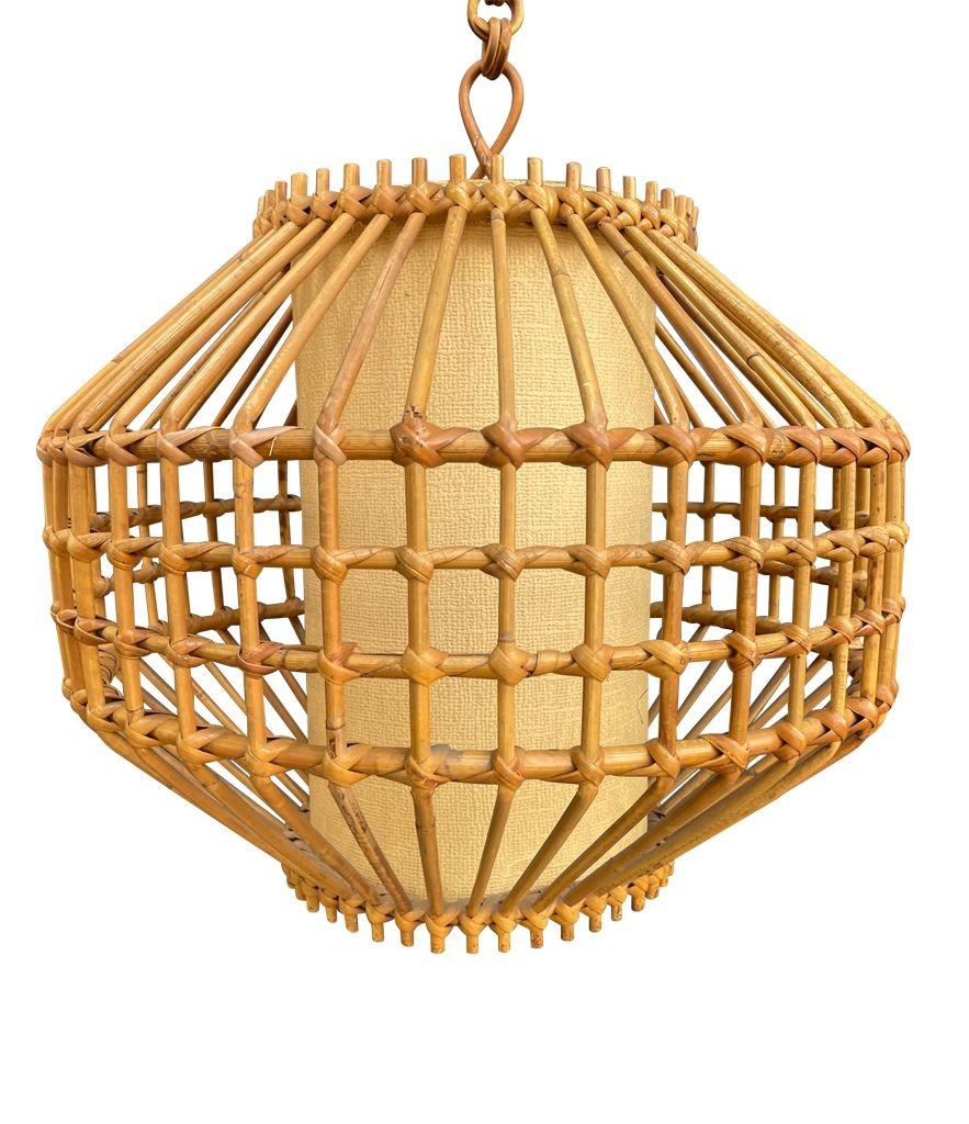 A French 1960s woven bamboo and parchment hanging light by Louis Sognot For Sale 2