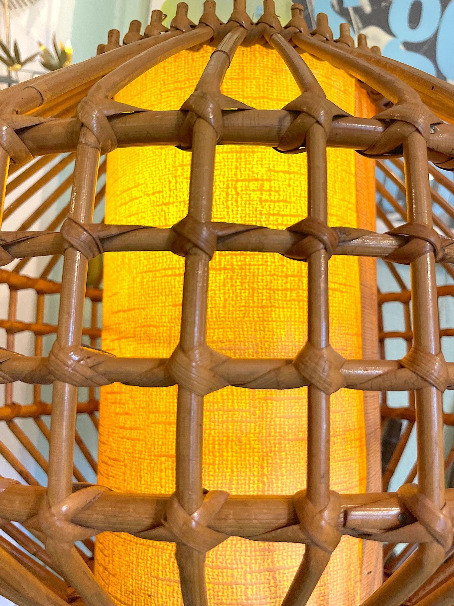 A French 1960s woven bamboo and parchment hanging light by Louis Sognot For Sale 3