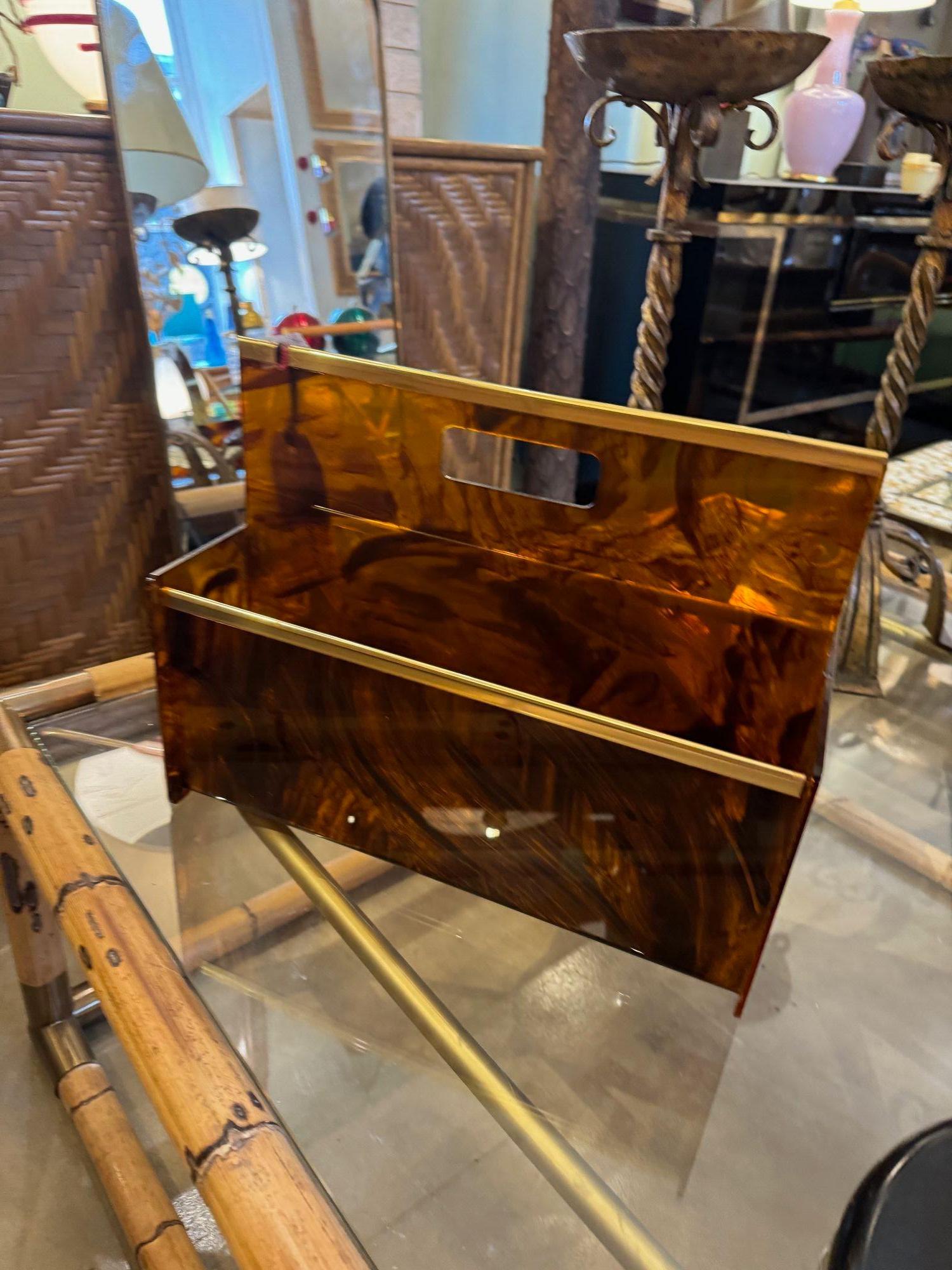 Brass A French 1970s faux tortoiseshell and brass magazine rack by Mercier Freres For Sale