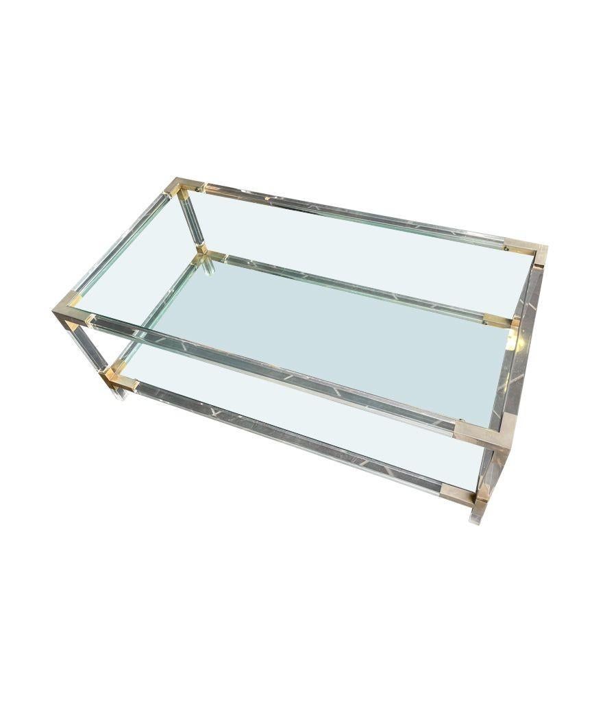 A French 1970s lucite and brass two tiered coffee table with glass plates For Sale 5