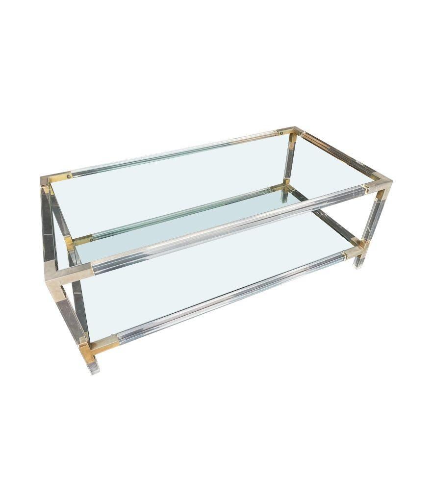 A French 1970s lucite and brass two tiered coffee table with glass plates For Sale 10