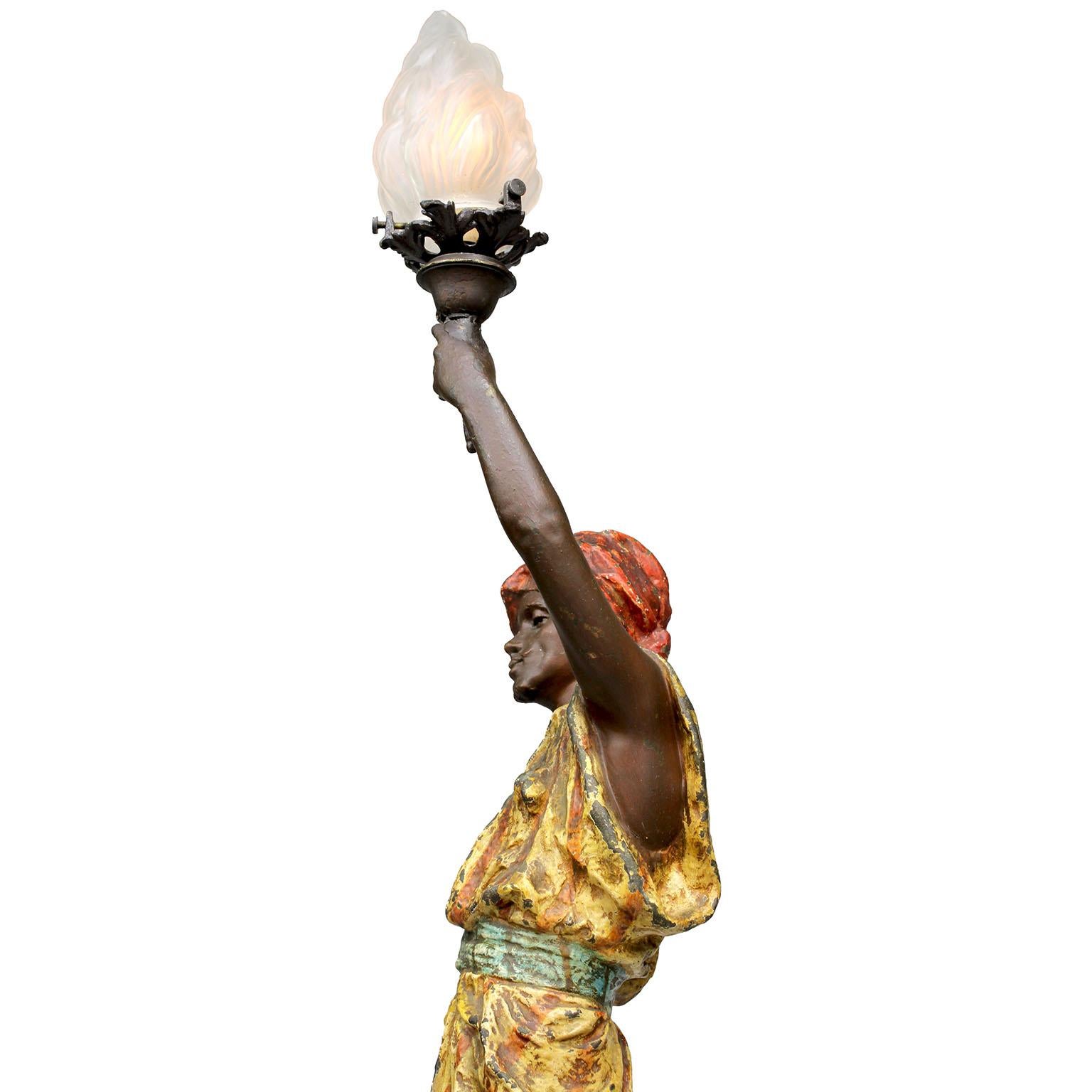 A French 19th-20th C. Orientalist Spelter Lamp of an Arab - Middle-Easten Man In Fair Condition For Sale In Los Angeles, CA