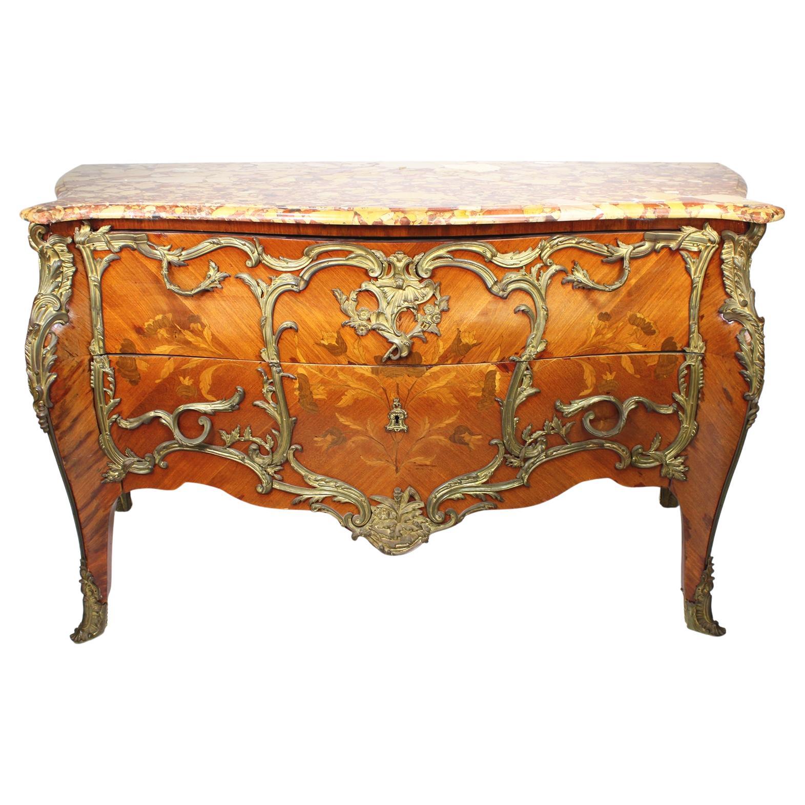 French 19th/20th Century Louis XV Style Gilt-Bronze Mounted Commode Marble Top For Sale
