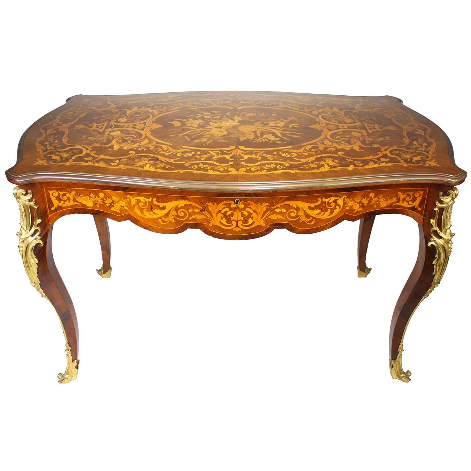 Gilt A French 19th/20th Century Louis XV Style Tulipwood Marquetry Writing Table/Desk For Sale