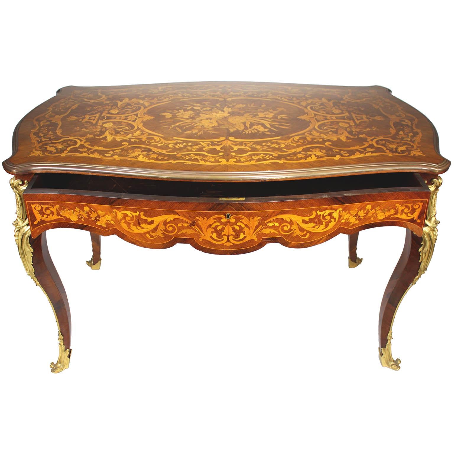 A French 19th/20th Century Louis XV Style Tulipwood Marquetry Writing Table/Desk In Good Condition For Sale In Los Angeles, CA