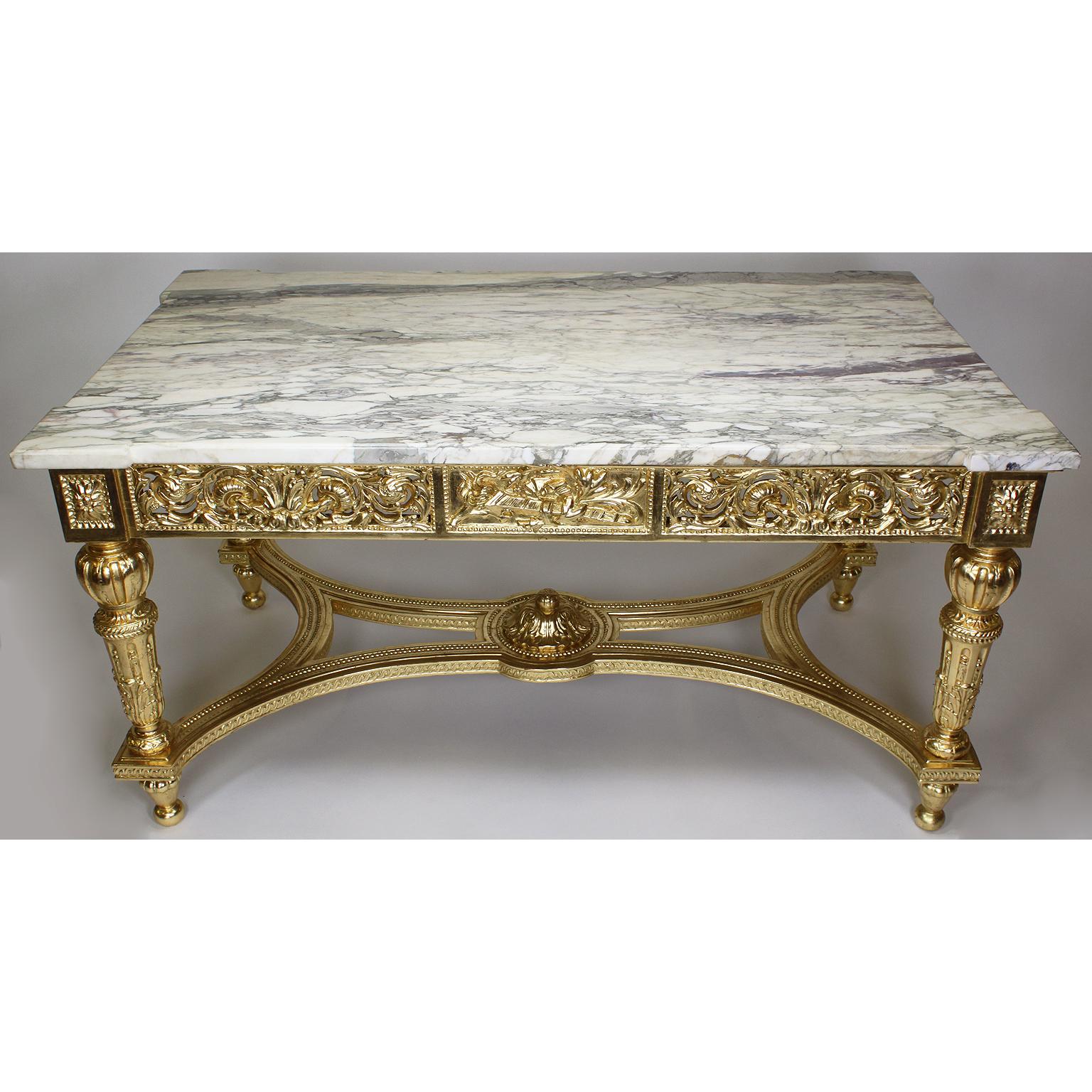 Hand-Carved French 19th-20th Century Louis XVI Style Giltwood Carved Center Table Marble  For Sale