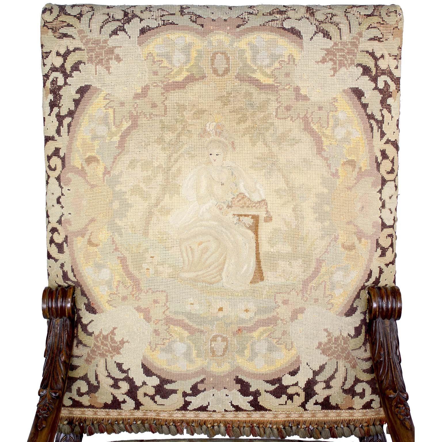 Sillón trono francés del siglo XIX, estilo renacimiento barroco, de nogal tallado con punto de aguja Renacimiento barroco en venta