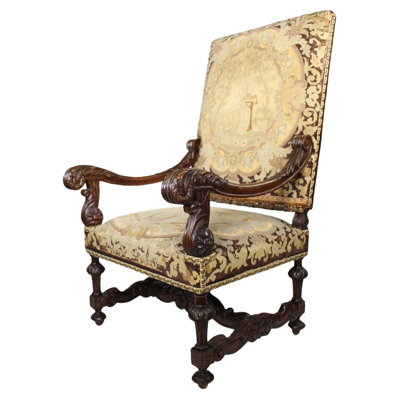 A French 19th C. Baroque Revival Style Carved Walnut Needlepoint Throne Armchair