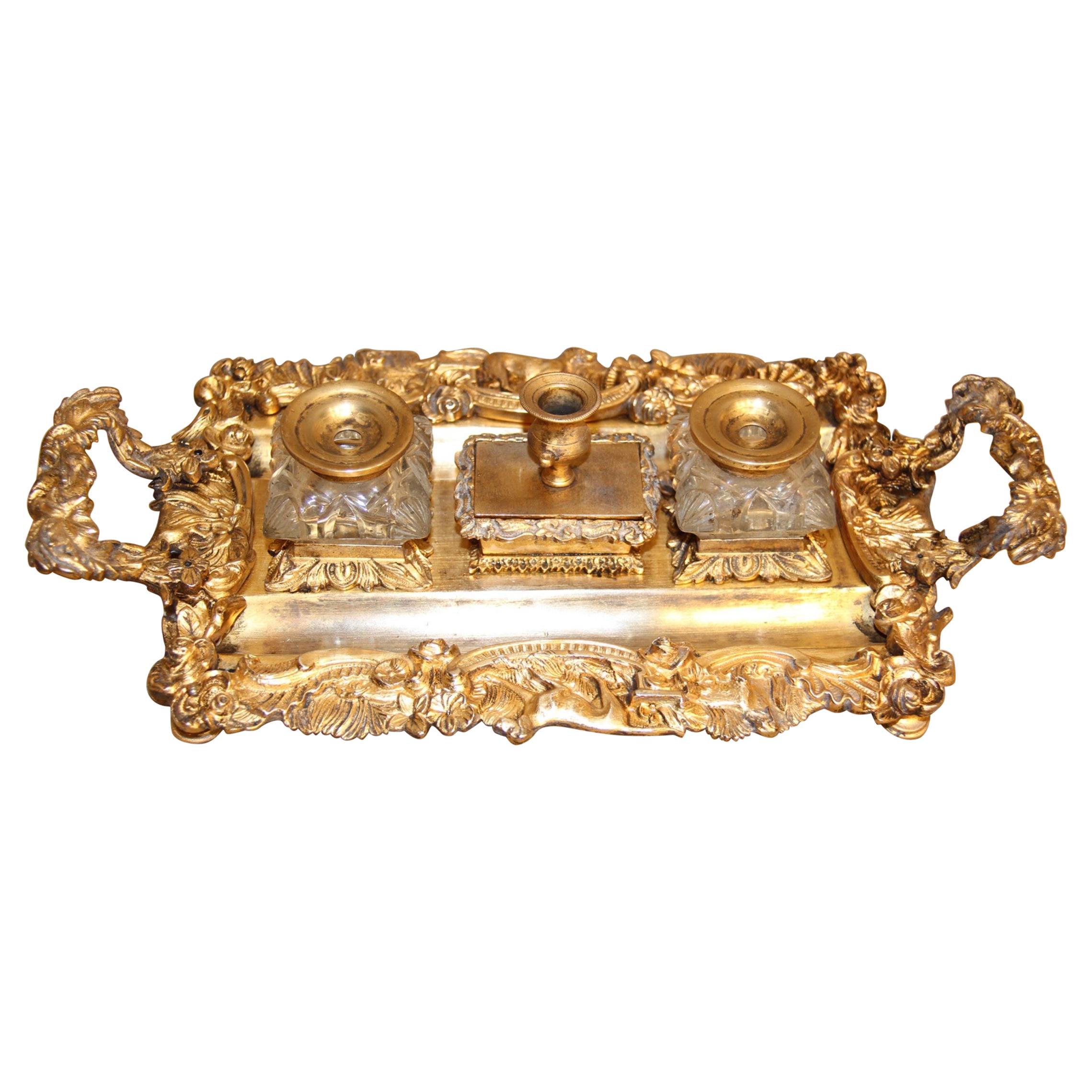 French Gilt Bronze Writing Stand Cast and Engraved with a Hunting Scene