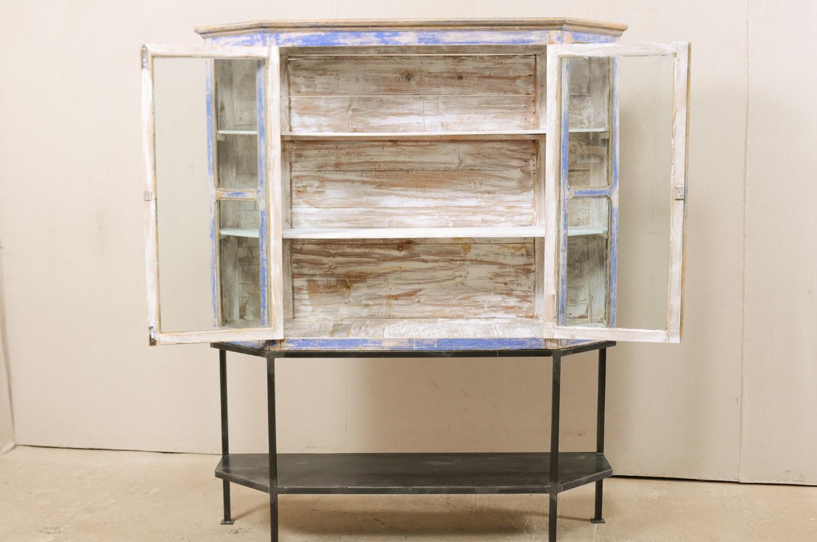 French Glass Panel Display Cabinet on Custom Iron Base with Lower Shelf 3