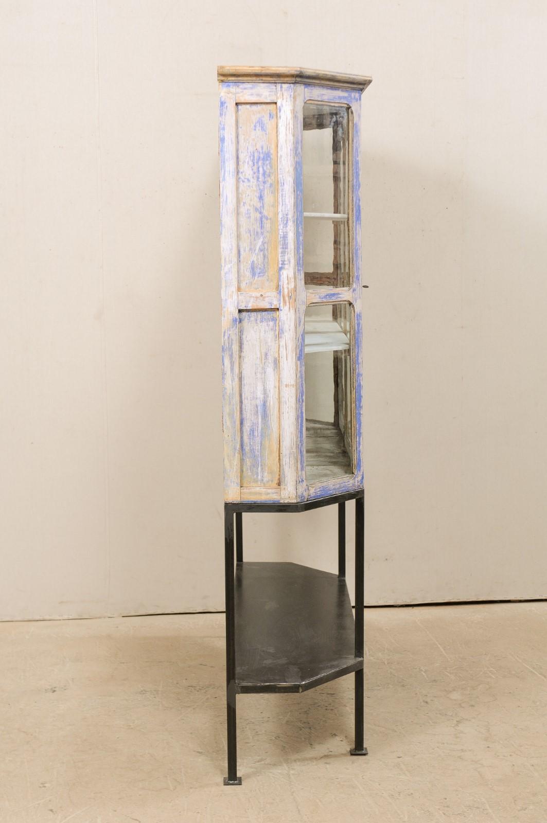 French Glass Panel Display Cabinet on Custom Iron Base with Lower Shelf In Good Condition In Atlanta, GA
