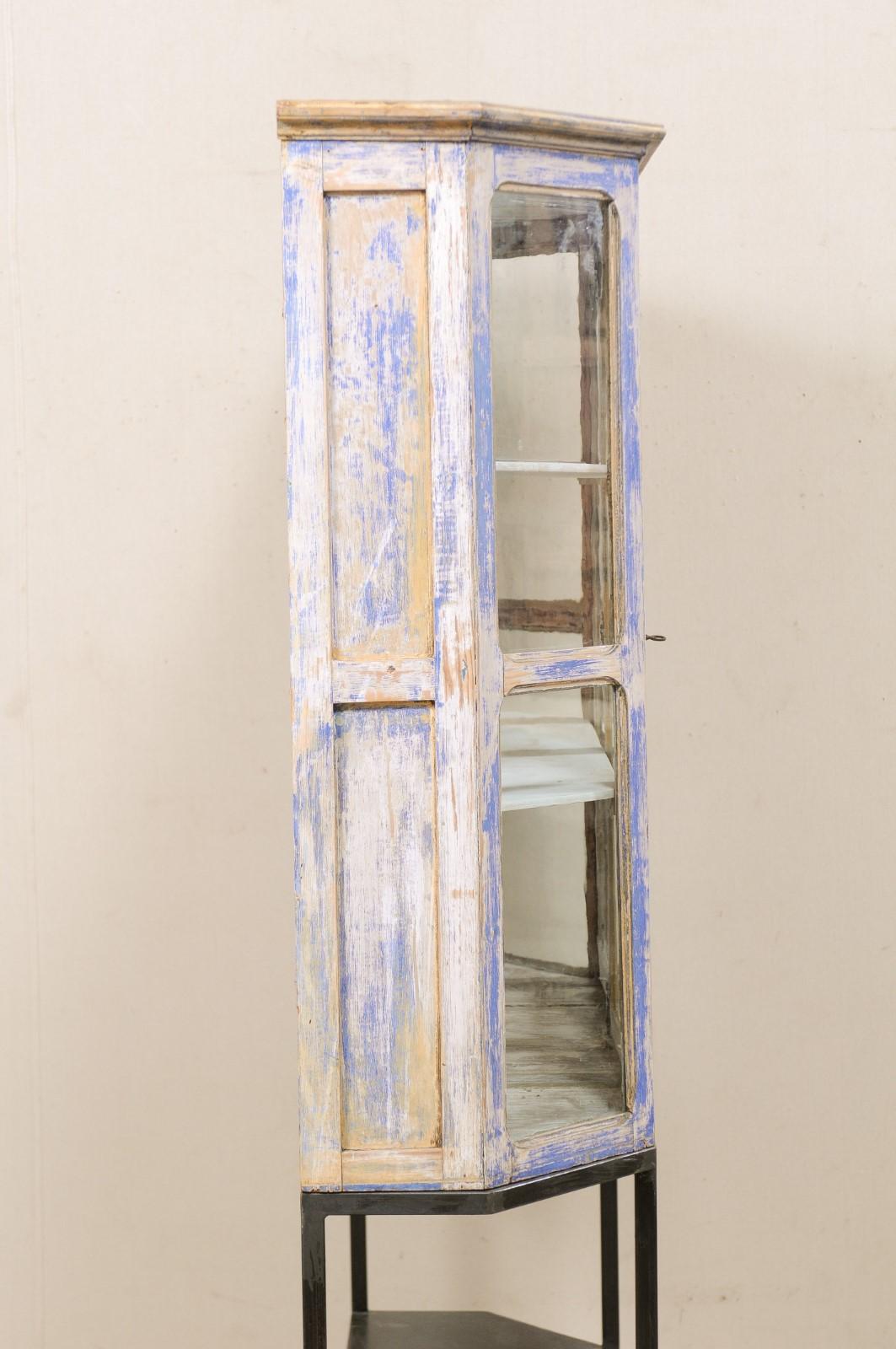 19th Century French Glass Panel Display Cabinet on Custom Iron Base with Lower Shelf