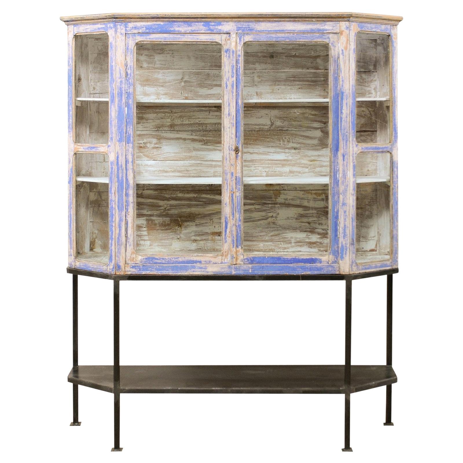French Glass Panel Display Cabinet on Custom Iron Base with Lower Shelf