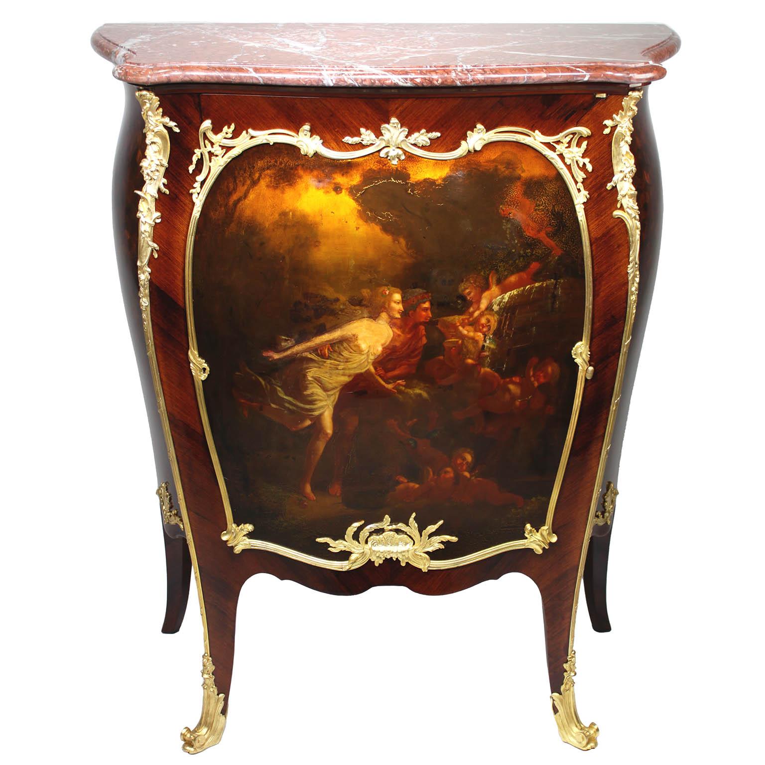 A Very Fine French 19th century Louis XV Style Ormolu-Mounted Kingwood and Satinwood Parquetry Vernis Martin Decorated Meuble D'Appui Side-Cabinet by François Linke (1855-1946) - Index Number 204 - Paris. The serpentine Griotte de Campan Rouge