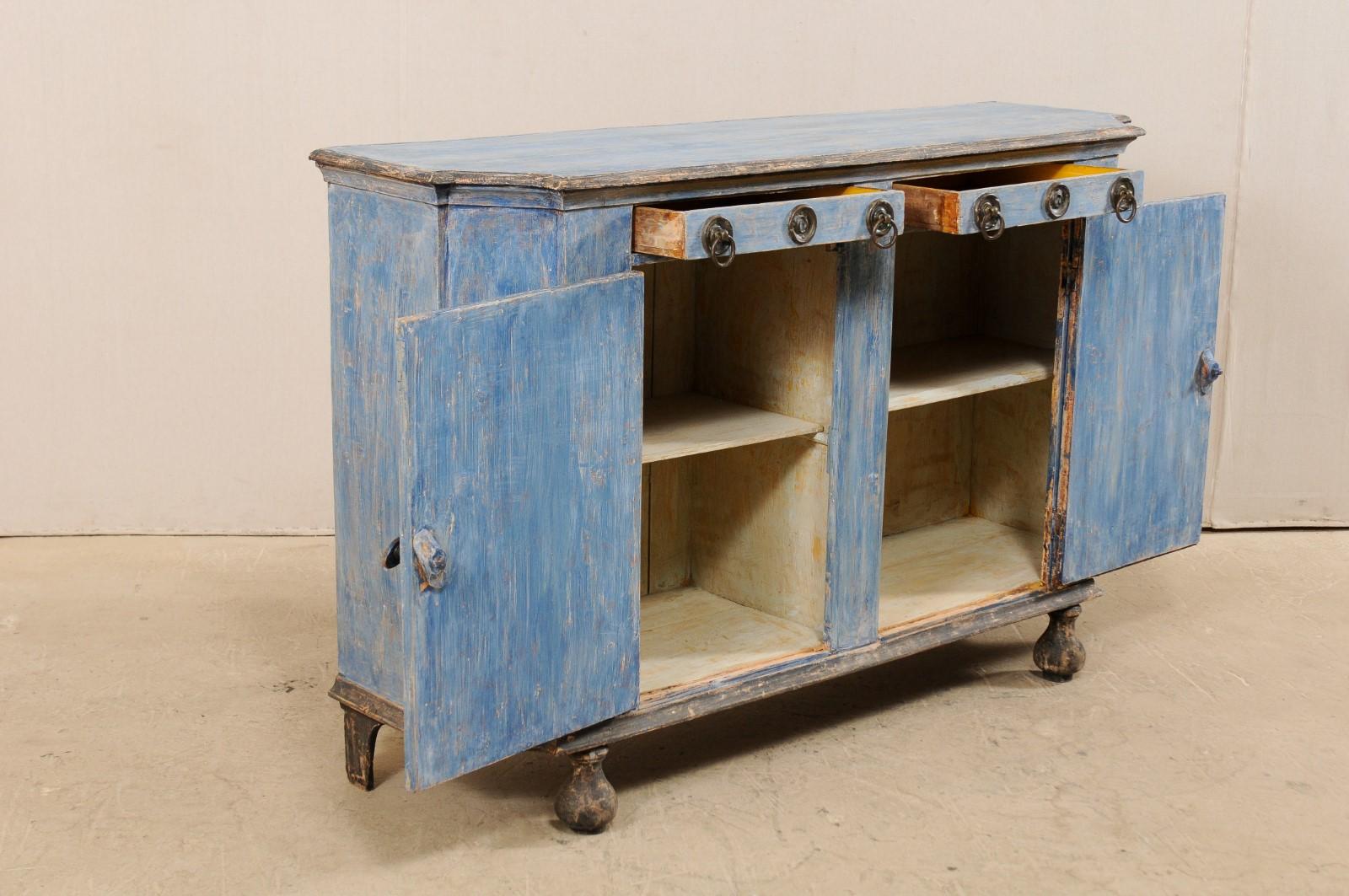 Hand-Painted French 19th Century Painted Wood Sideboard Cabinet in Blue with Charcoal Accents