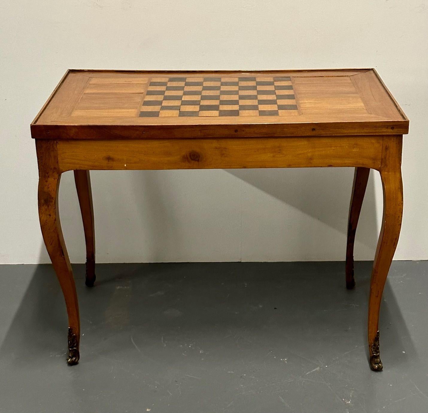 Louis XV French 19th Century Antique Game / Backgammon Table, Checkerboard Leather Top