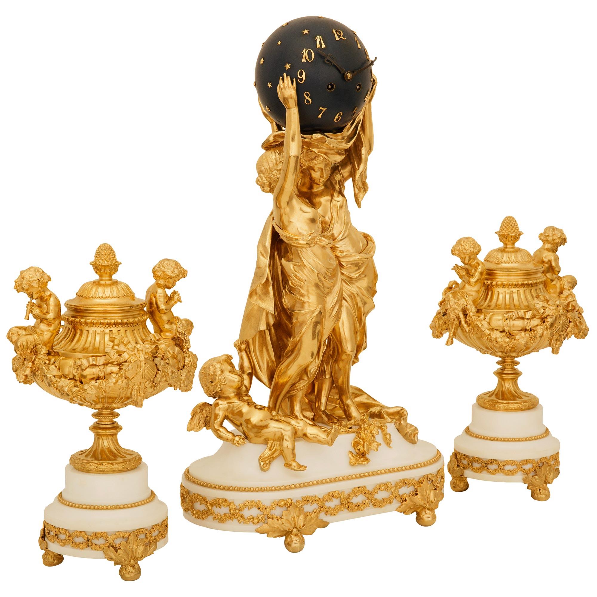 Louis XVI A French 19th century Belle Epoque Period marble and Ormolu clock garniture set For Sale