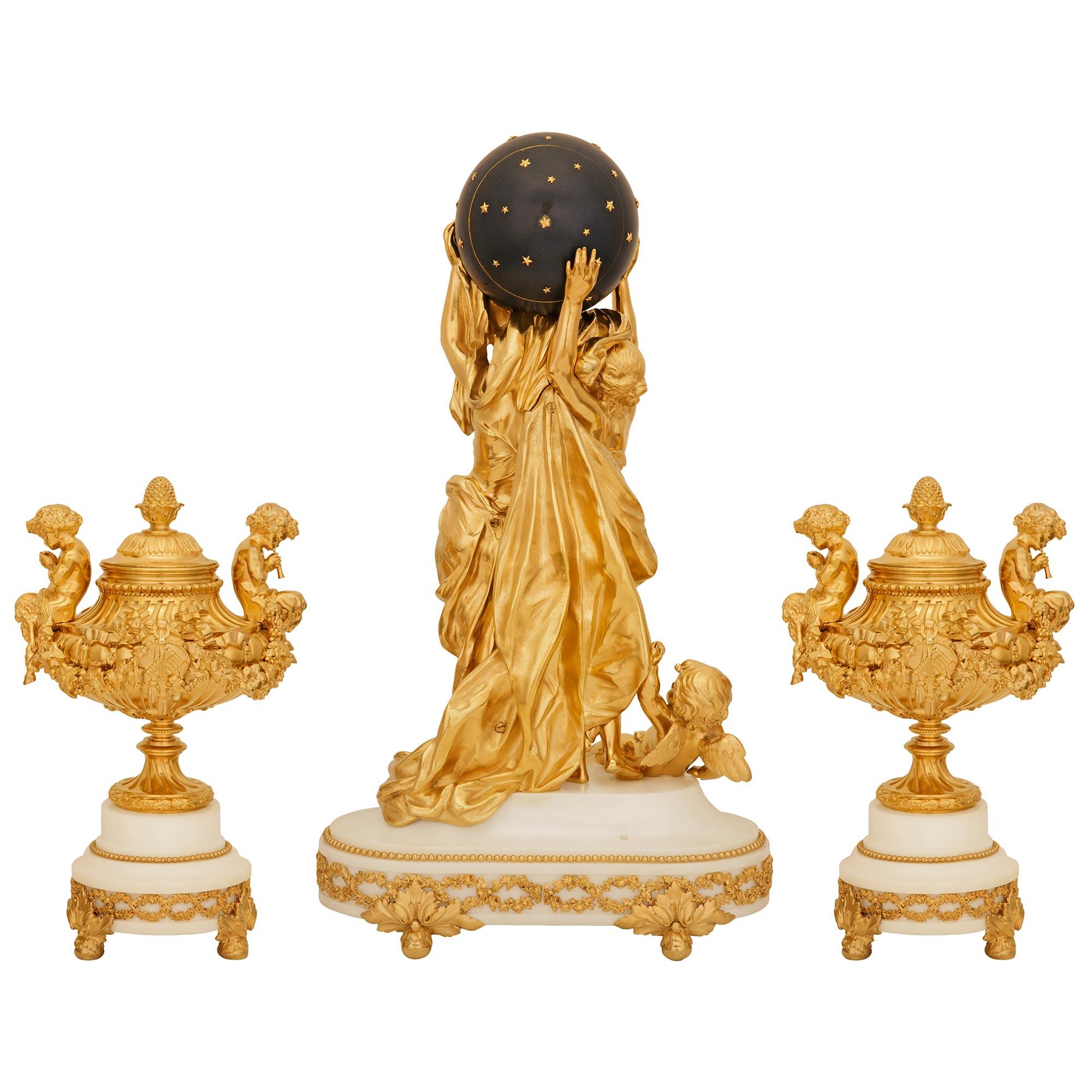 A French 19th century Belle Epoque Period marble and Ormolu clock garniture set In Good Condition For Sale In West Palm Beach, FL
